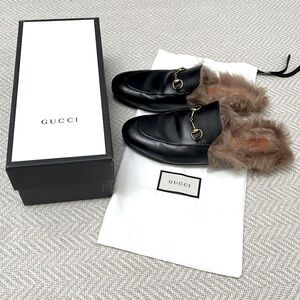 GUCCI “Princetown” Fur Lined Black Leather Mules